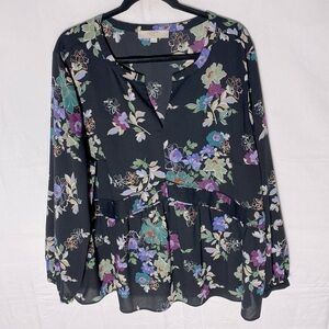 LOFT Plus Black Purple Green Blue Floral Long Sleeve Tiered Blouse 20